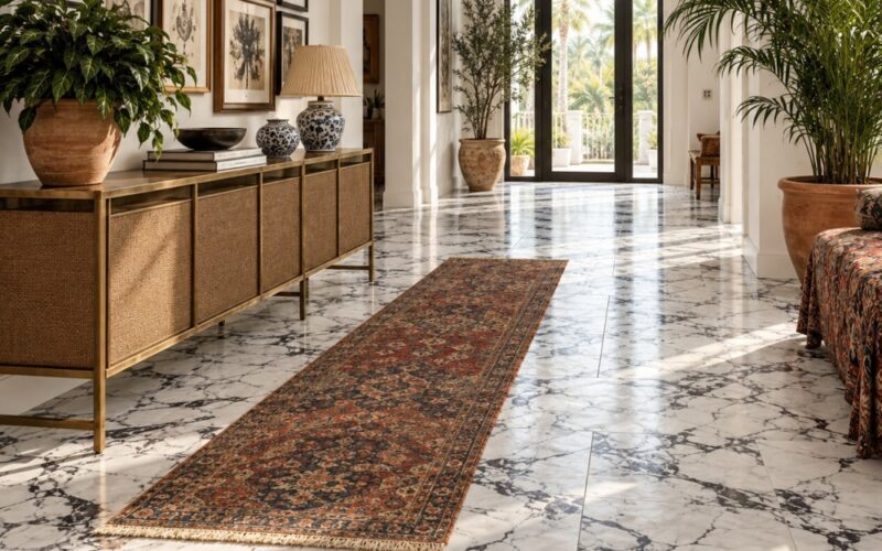 Condo entry foyer with Calacatta Picasso marble floor.