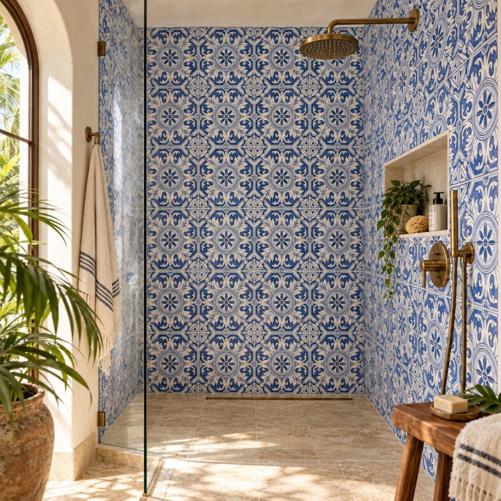 Handpainted tiles of Puerto Rico featuring a blue and white walk in shower wall.