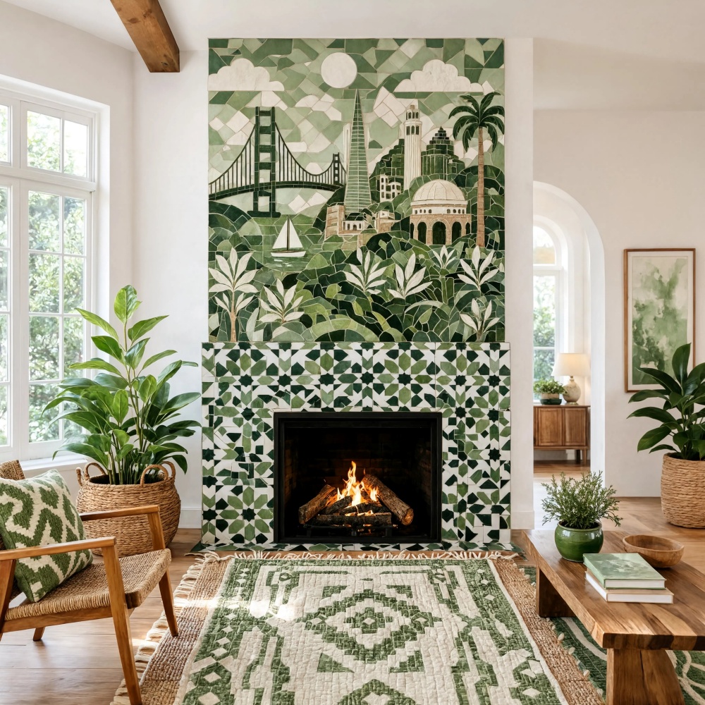 Handpainted tile San Francisco fireplace surround made of dark green glossy Zellige mosaic tile.