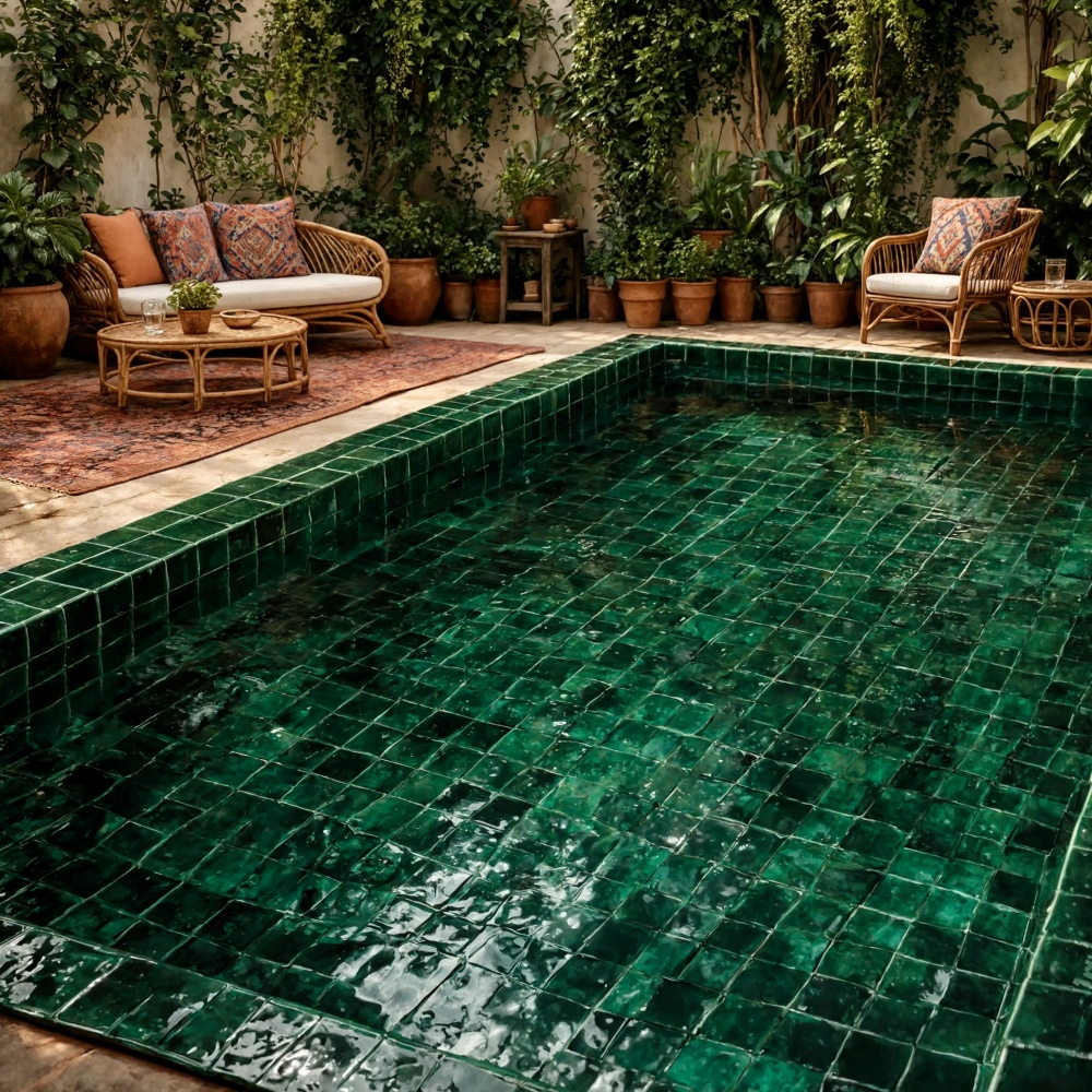 Dark green glossy zellige tile swimming pool in a Los Angeles backyard patio.