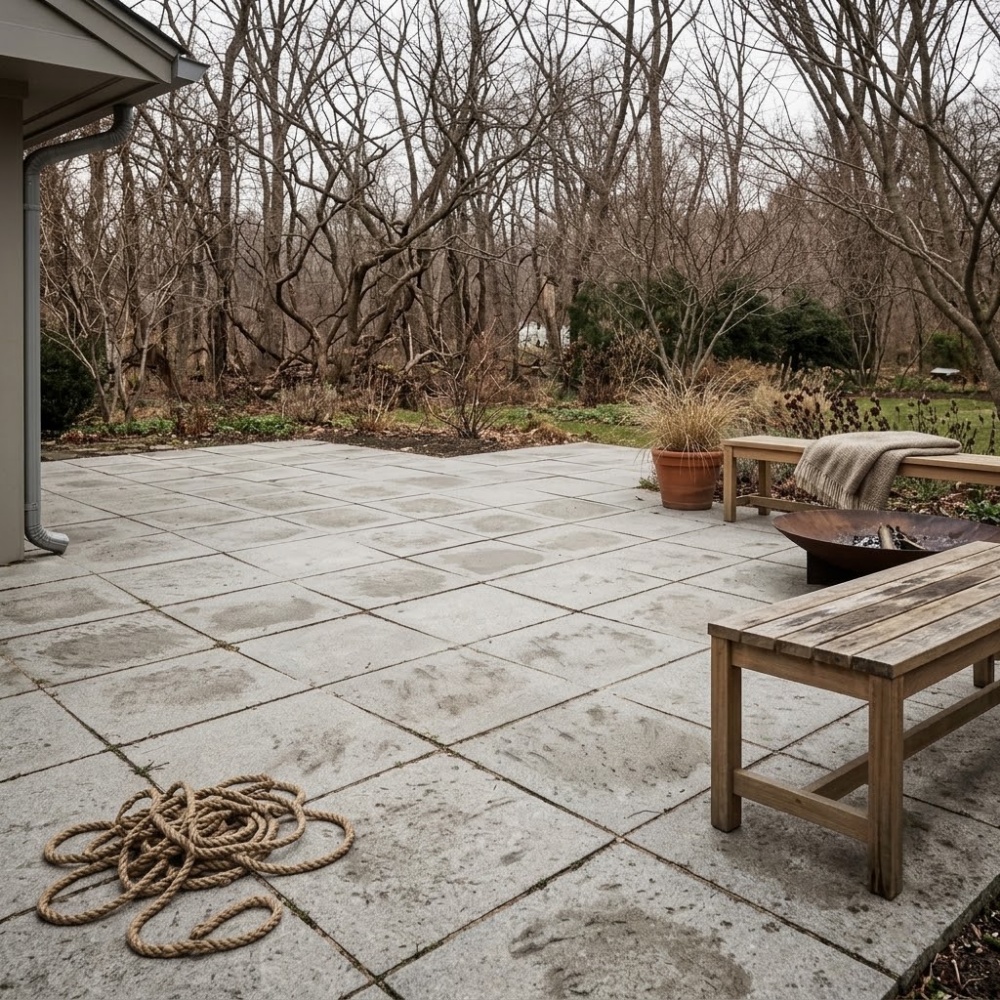 Desert Textured Porcelain Paver Tile installed on a winter Fairfax patio.