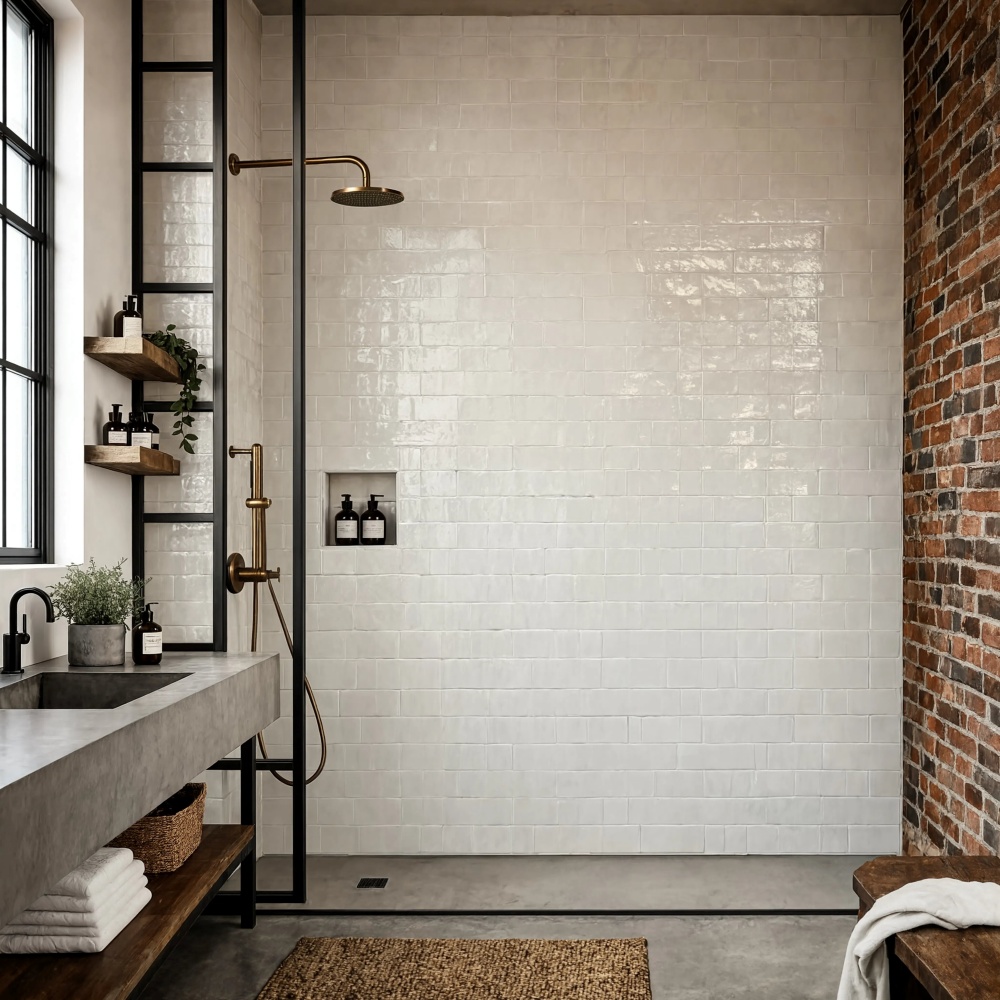 Extra white glossy zellige subway tile shower wall in a Los Angeles bathroom.