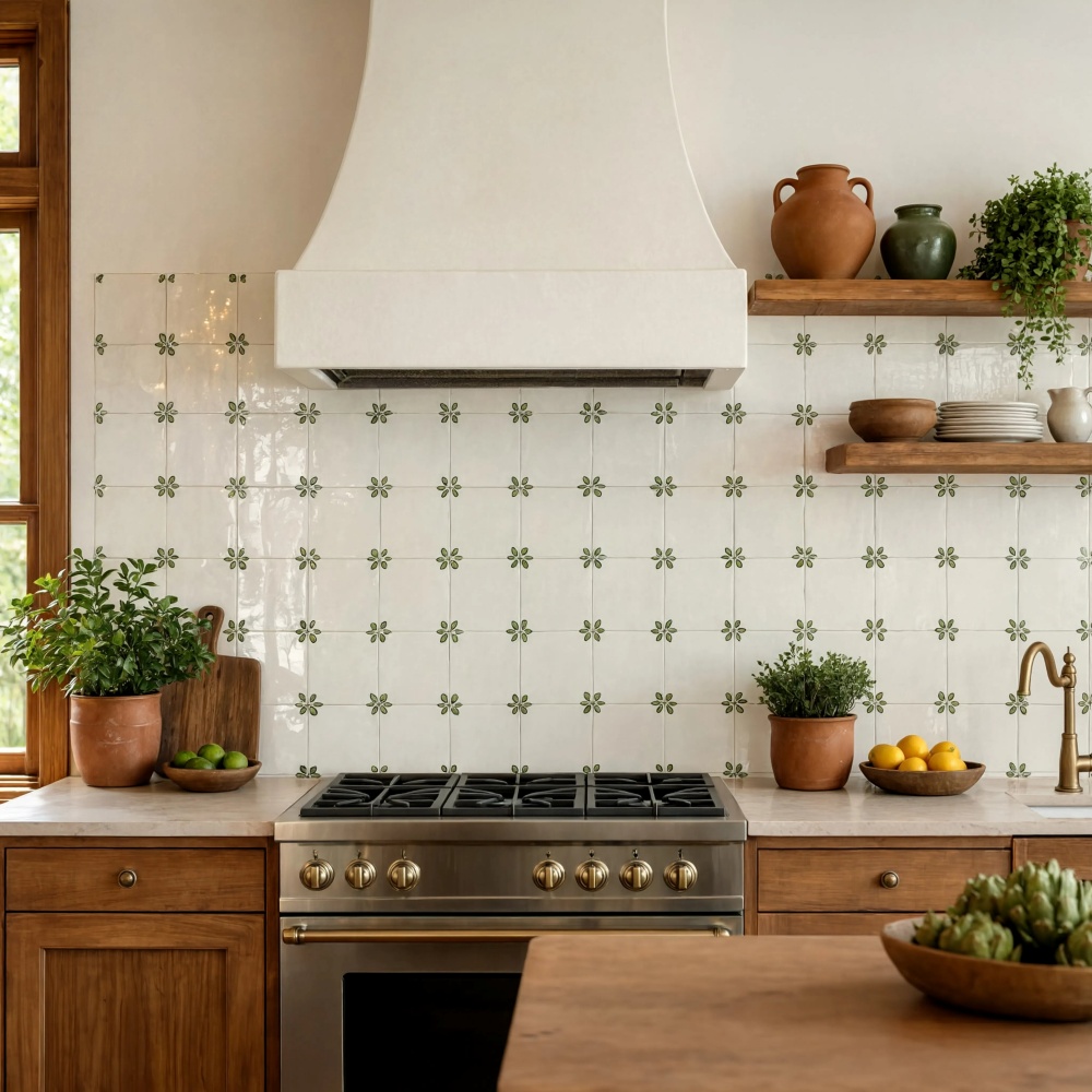 SF handpainted tile trend shown on a Garden Blanc glazed ceramic tile kitchen backsplash.