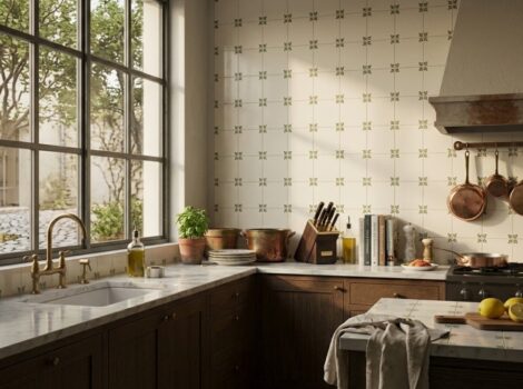 Hand painted glazed ceramic kitchen wall tile backsplash in a rustic Anaheim kitchen.