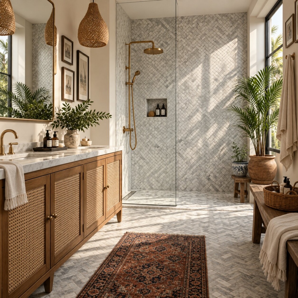 Condo bathroom tile ideas with gray marble mosaic herringbone shower floor.