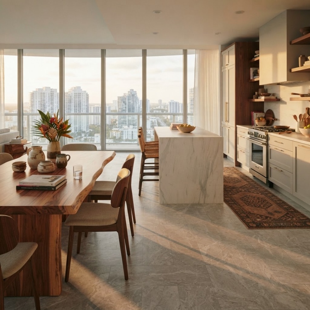 Miami condo kitchen on honed gray marble floor tile.