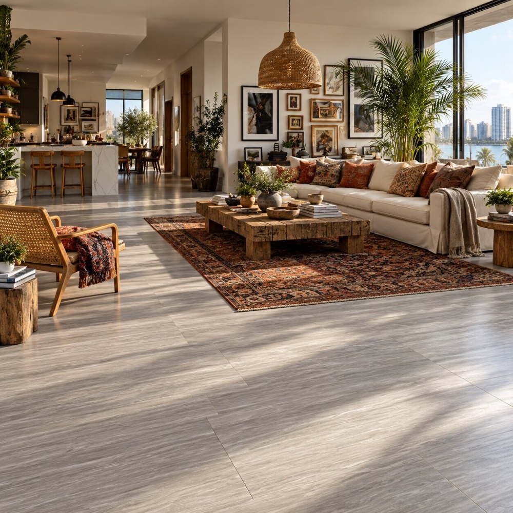 Honed gray porcelain in a Miami condo living room.