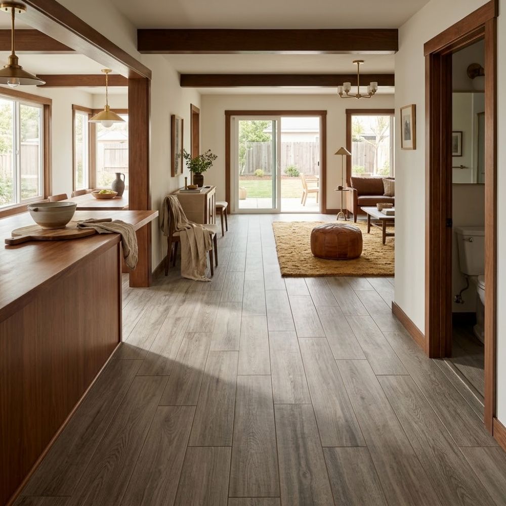 Wood look porcelain tile in Anaheim open floor plan.