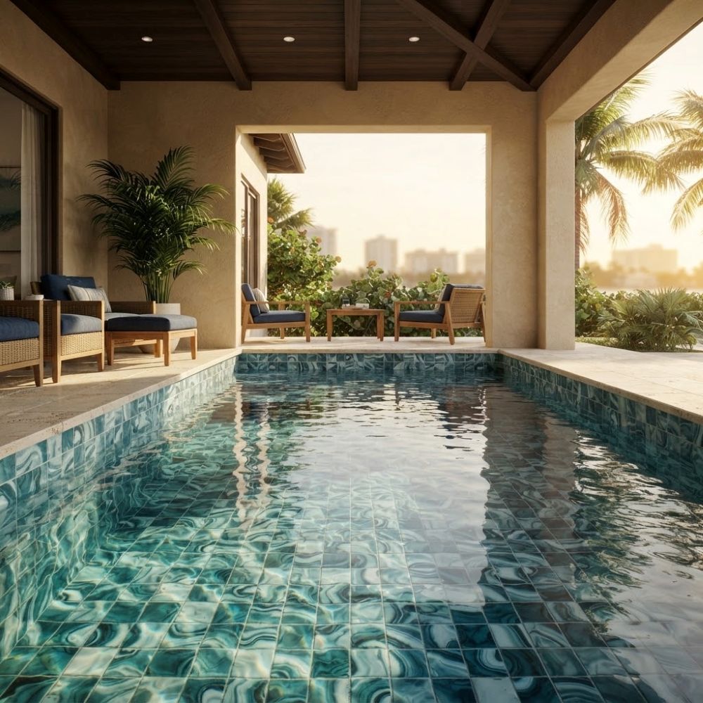 Blue polished 1x1 recycled glass mosaic tile along a pool waterline with a raised spa.