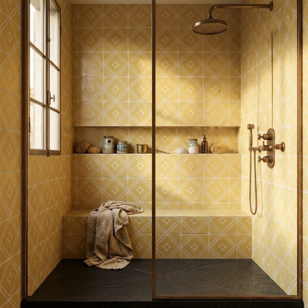 SF handpainted tile trend shown on a geometric lemon glossy glazed terracotta tile shower.