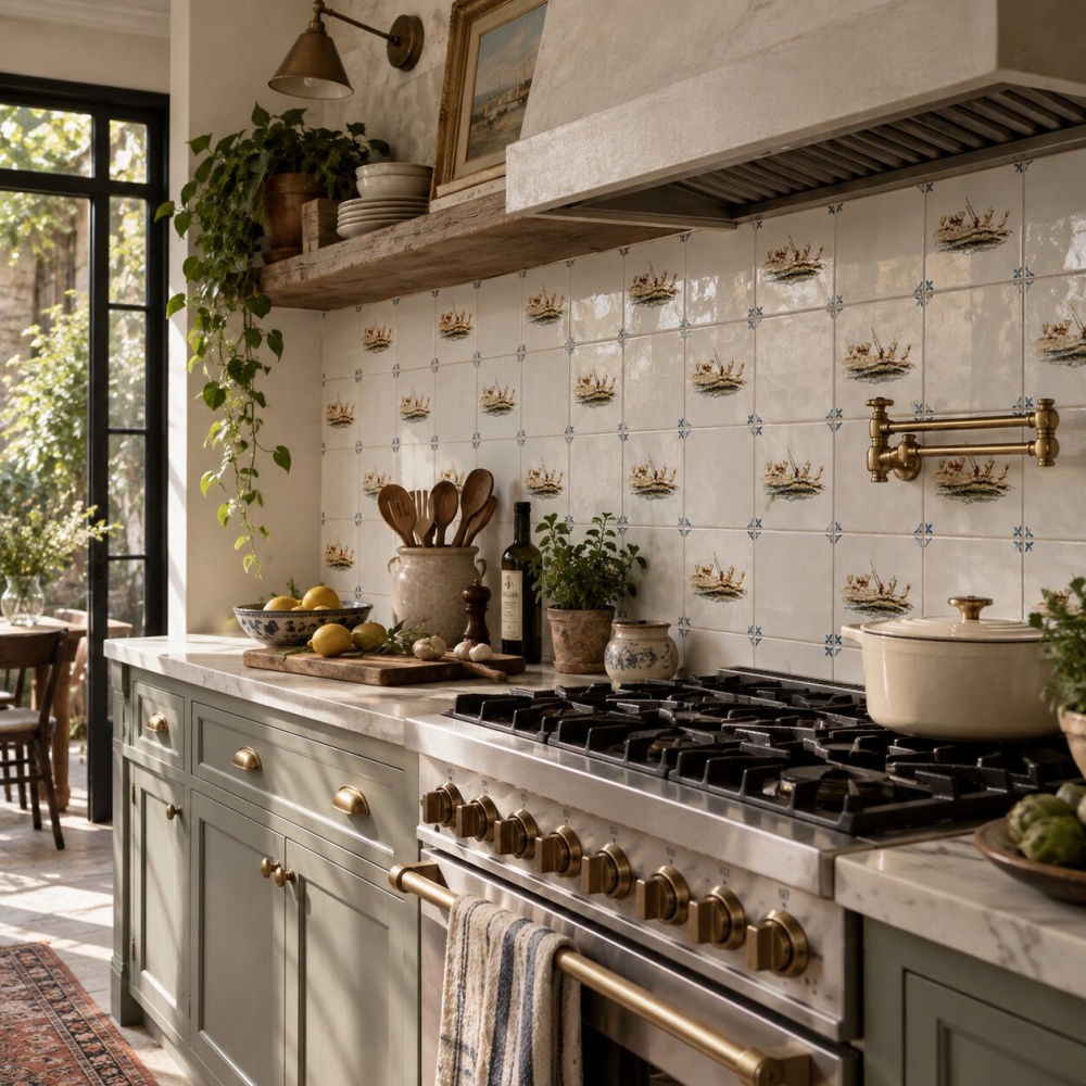 Brownstone kitchen featuring multicolor glazed ceramic patterned tiles.