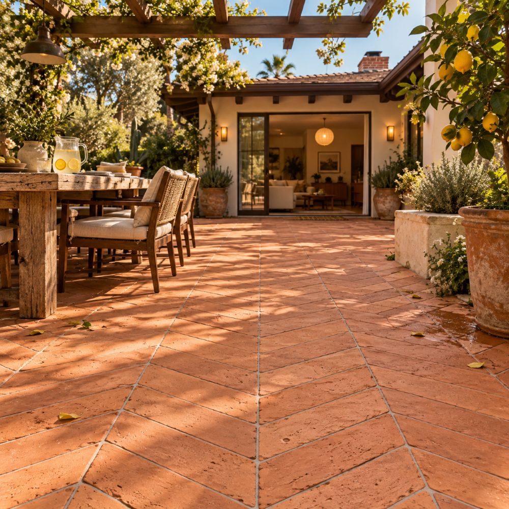 Red chevron terracotta patio in a 1950s California ranch home.