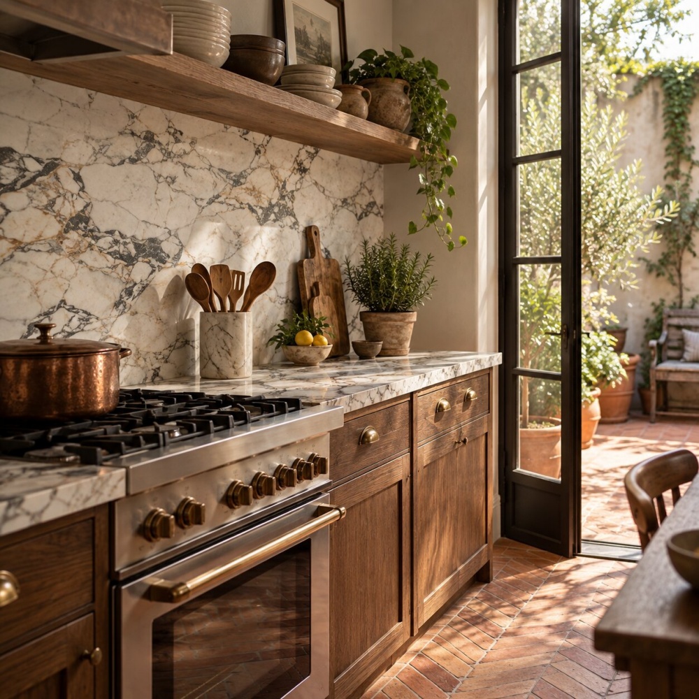 Brownstone kitchen featuring red natural terracotta chevron floor tiles.