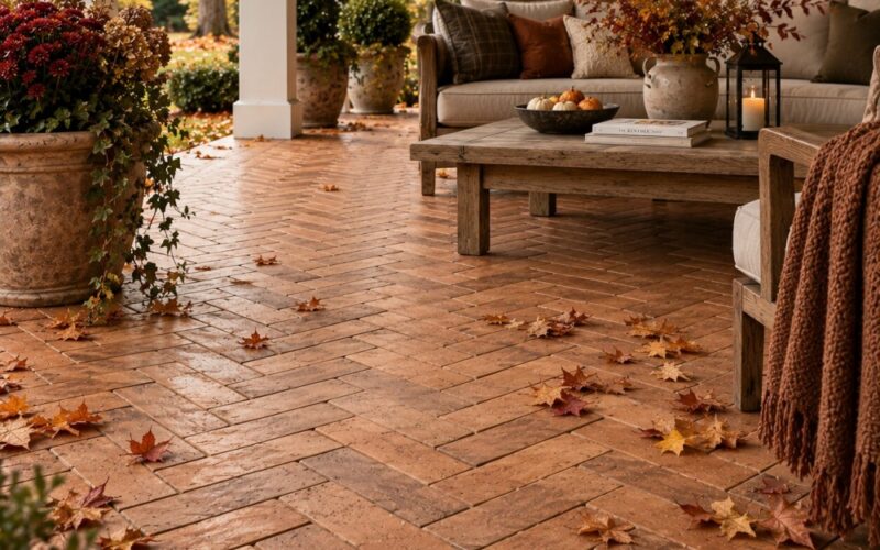 Red Terracotta Tile installed in a herringbone pattern on Fairfax patio.