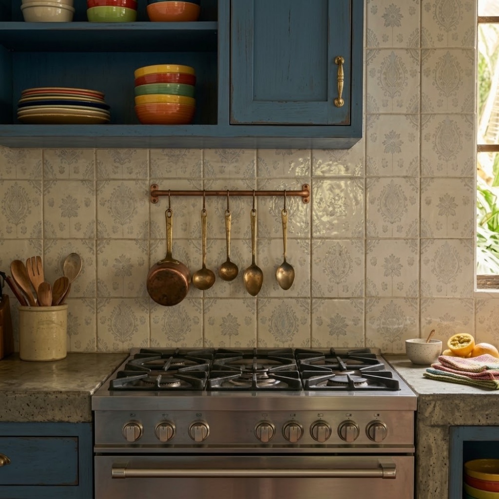 Handpainted tiles of Puerto Rico featuring a grey blue pattern on a glossy terracotta kitchen backsplash.