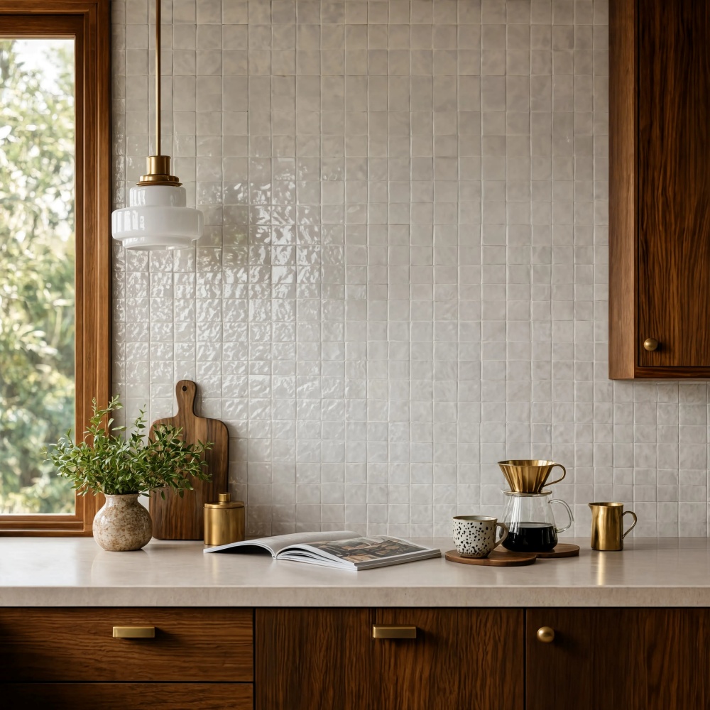 White glossy zellige tile backsplash in a modern Los Angeles kitchen.