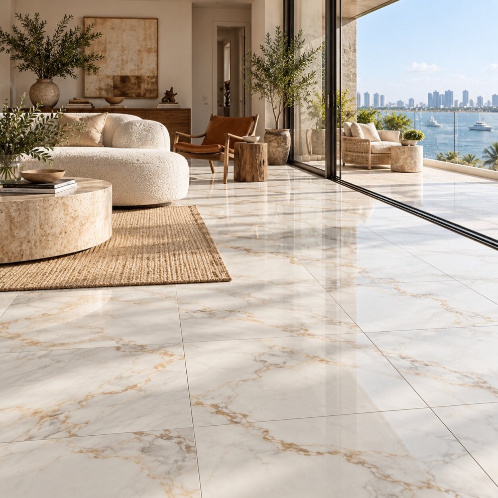 Condo tile flooring at balcony sliding door.