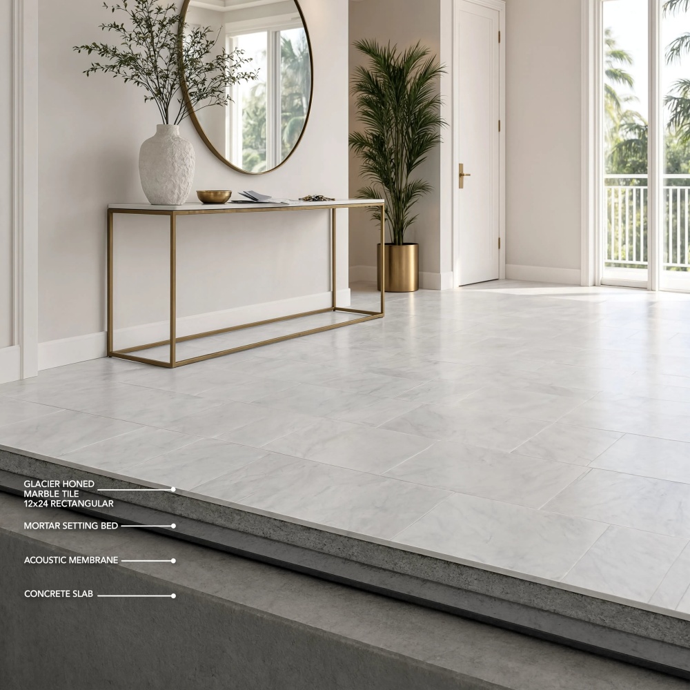 Cutaway of a condo tile floor assembly with soundproofing underlayment and marble tile.