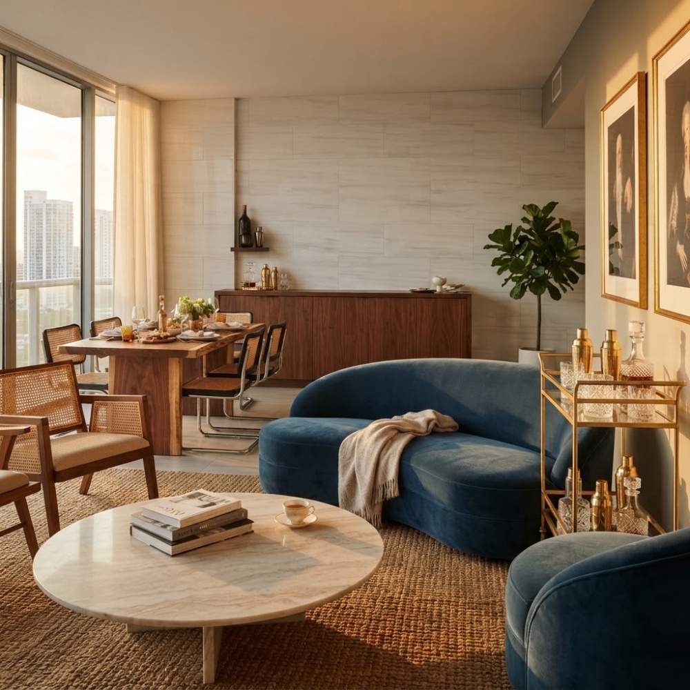 Brickell condo living room with honed white marble tile floors.