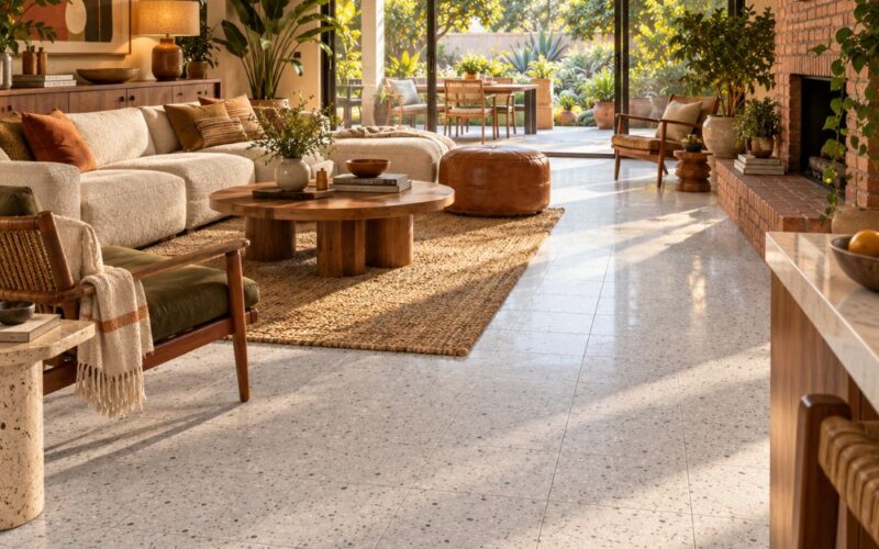 White matte terrazzo floor tiles in a modern ranch family room