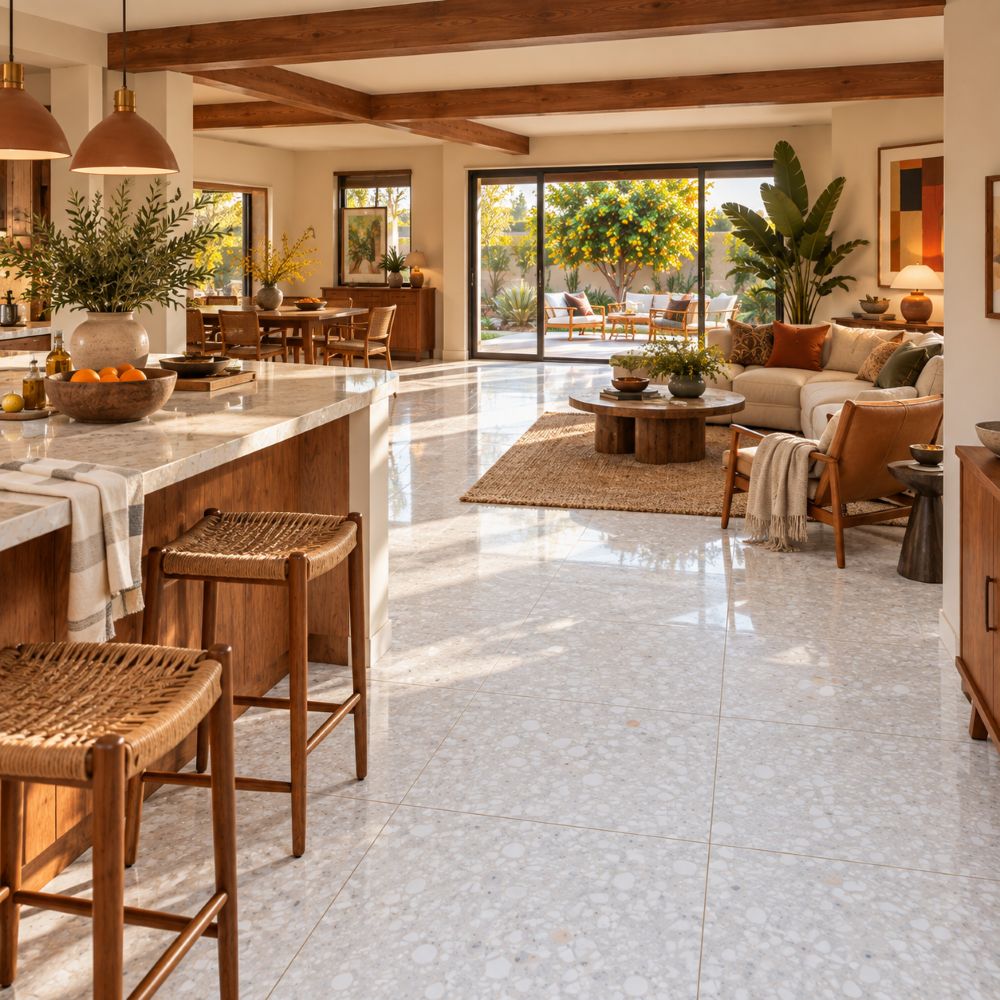 White polished terrazzo floor in Anehim.