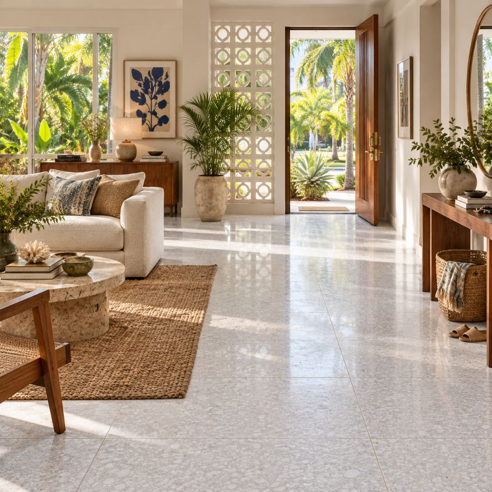 South Florida entry with white polished 24x24 terrazzo tile in Miami Modern style.