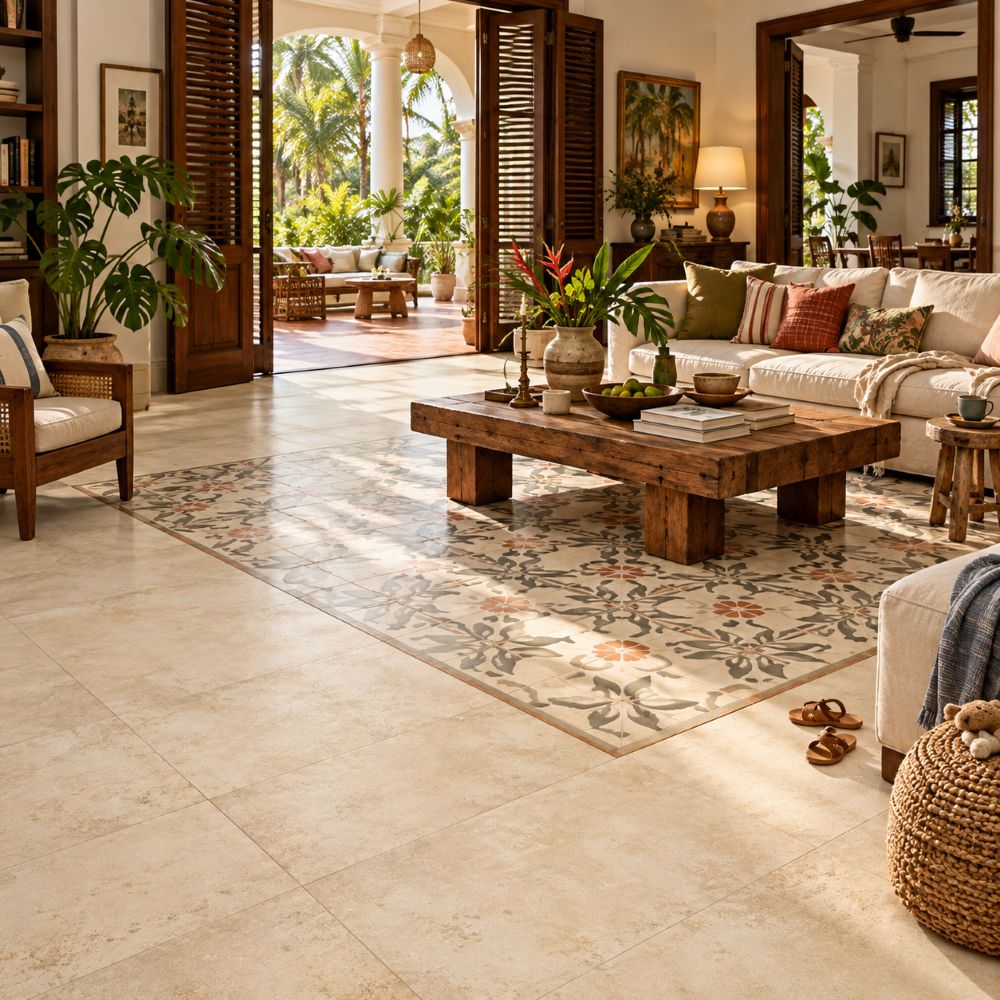 Living room rug of patterned tile set in a sand porcelain floor, Puerto Rico home.
