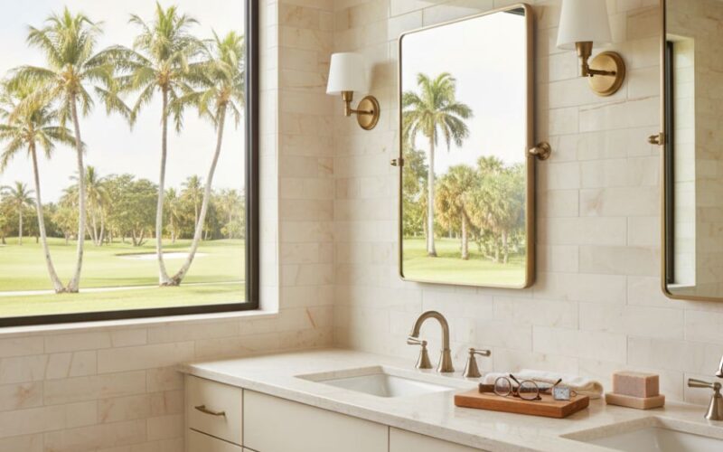 Bathroom remodel in Pompano Beach with a beige marble subway vanity wall.