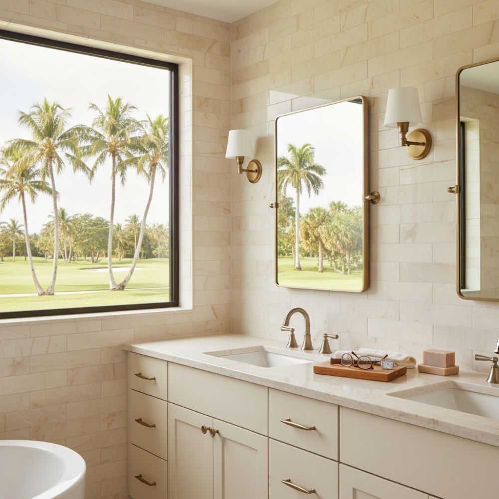 Bathroom remodel in Pompano Beach with a beige marble subway vanity wall.