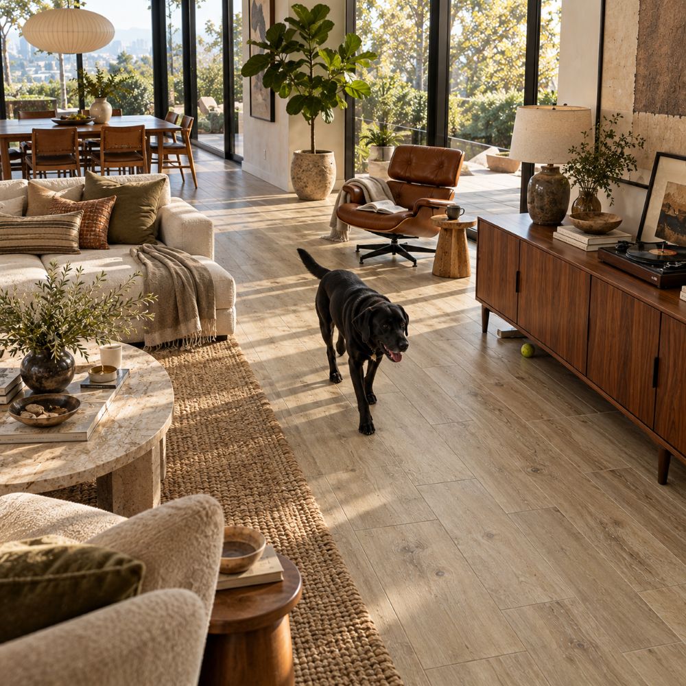 Wood look porcelain tile in a Los Angeles living room.