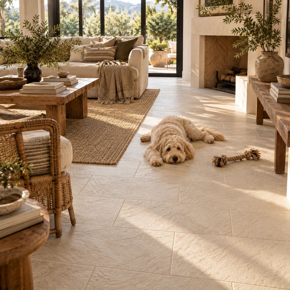 Beige textured porcelain tile in a family room floor, Los Angeles.