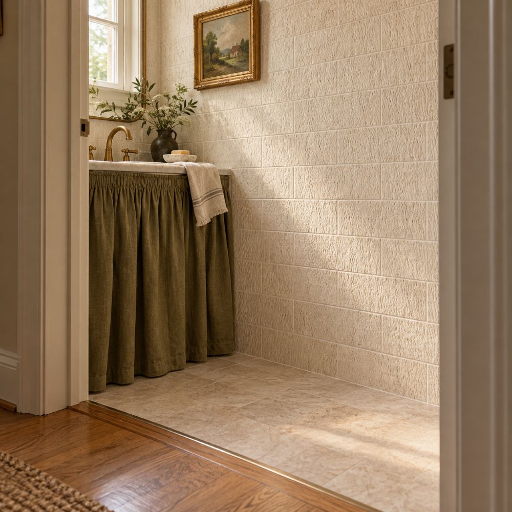Ivory subway tile powder room matching a Fairfax split foyer palette.
