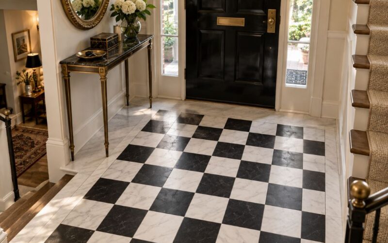 Checkerboard marble tile in Fairfax home.