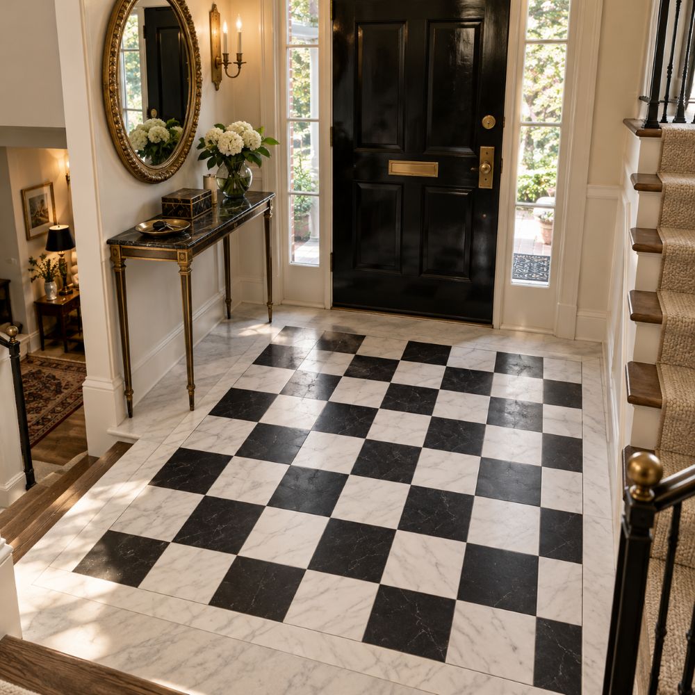 Checkerboard marble tile in Fairfax home.