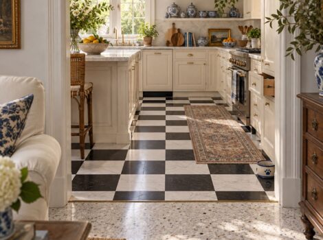 Checkerboard marble kitchen floor meeting original terrazzo at a South Florida doorway.