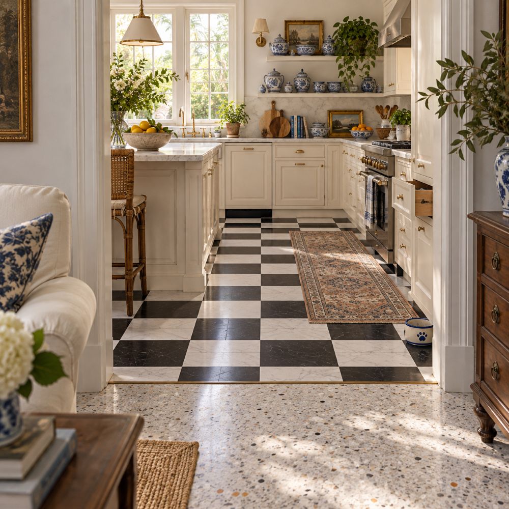 Checkerboard marble kitchen floor meeting original terrazzo at a South Florida doorway.