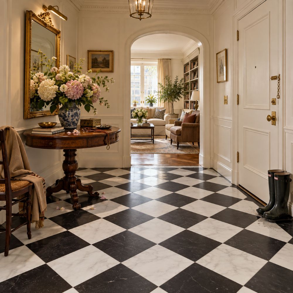 Black and White Honed checkerboard marble foyer in a New York.