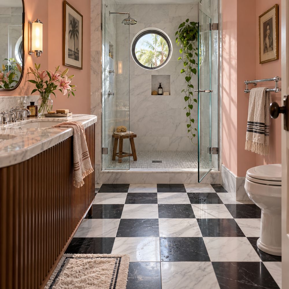 Miami Beach Art Deco bathroom with checkerboard marble floor tile.