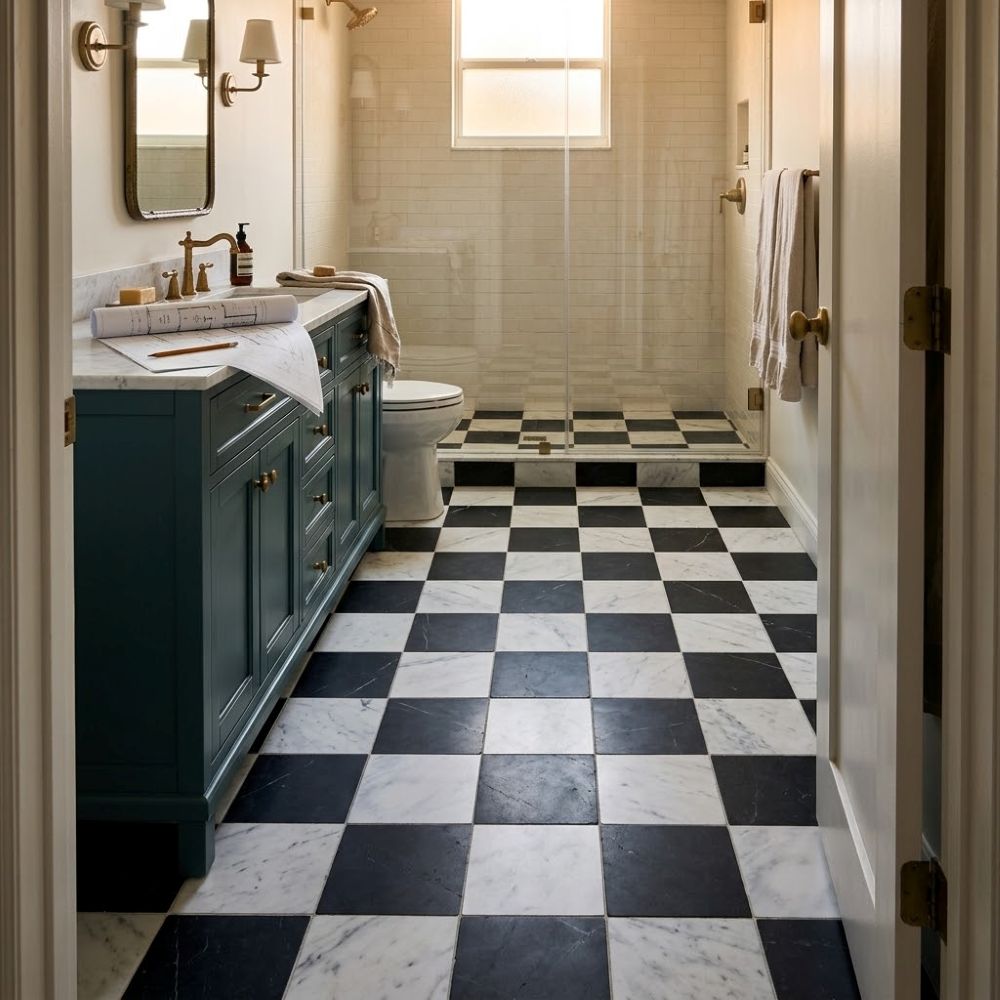 Black and white honed checkerboard marble floor in a renovated bathroom in Pompano Beach