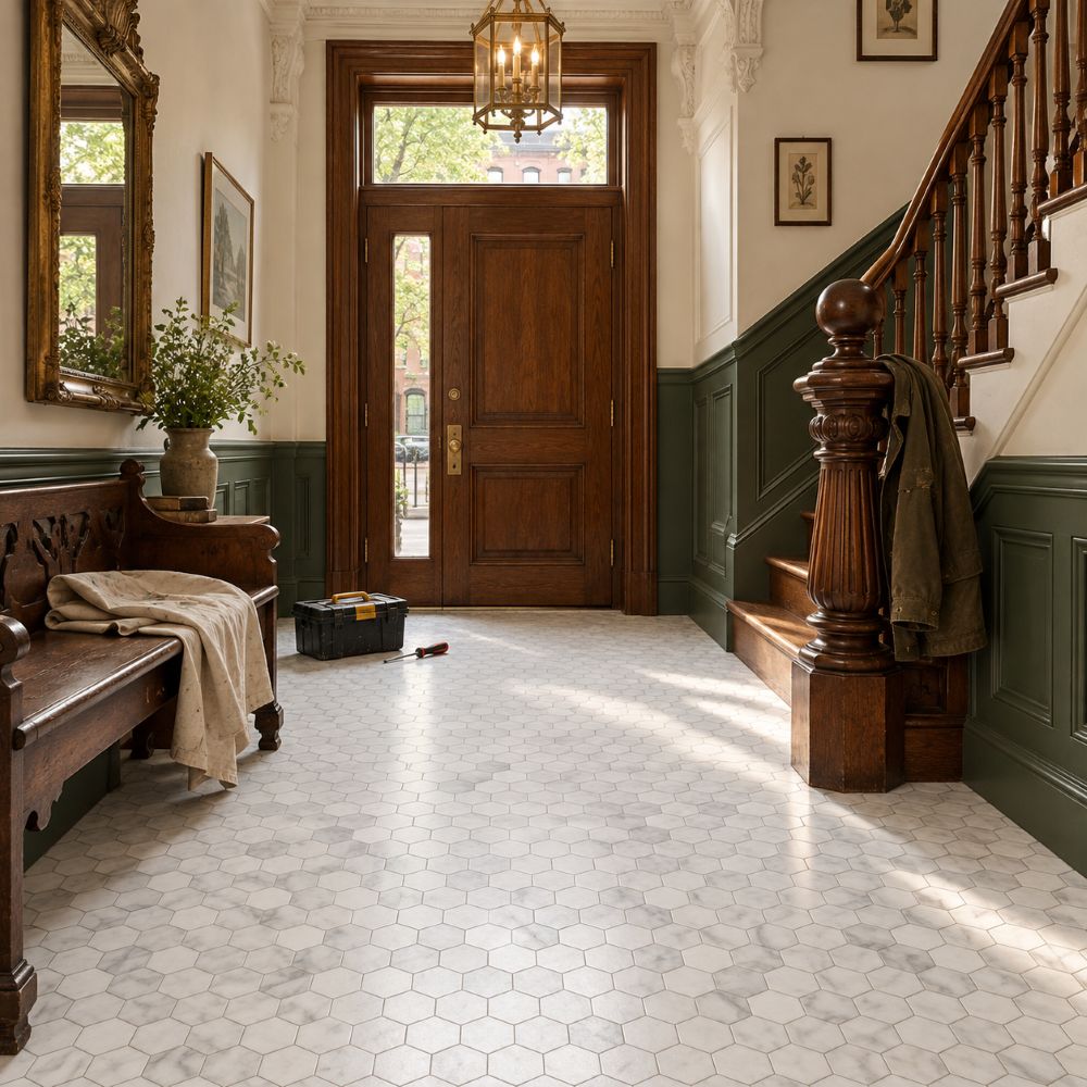 Home entry in New York with a honed hexagon marble floor tile.