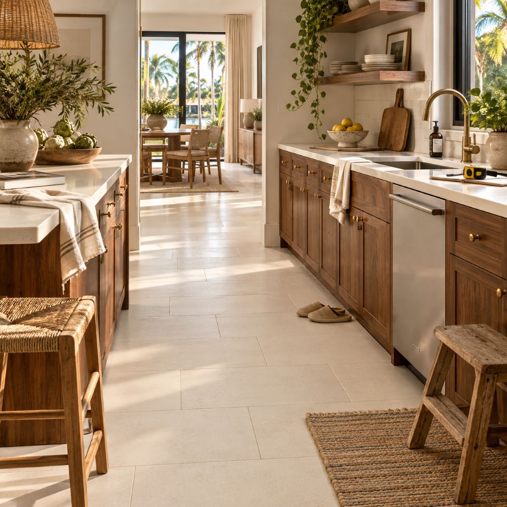 Honed limestone kitchen floor in a South Florida ranch.