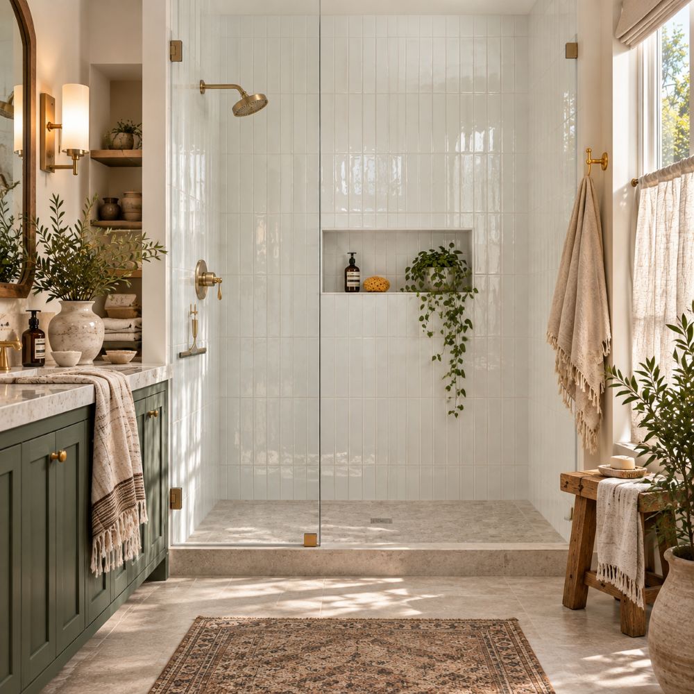 Glass subway shower tile in an Anaheim bathroom.