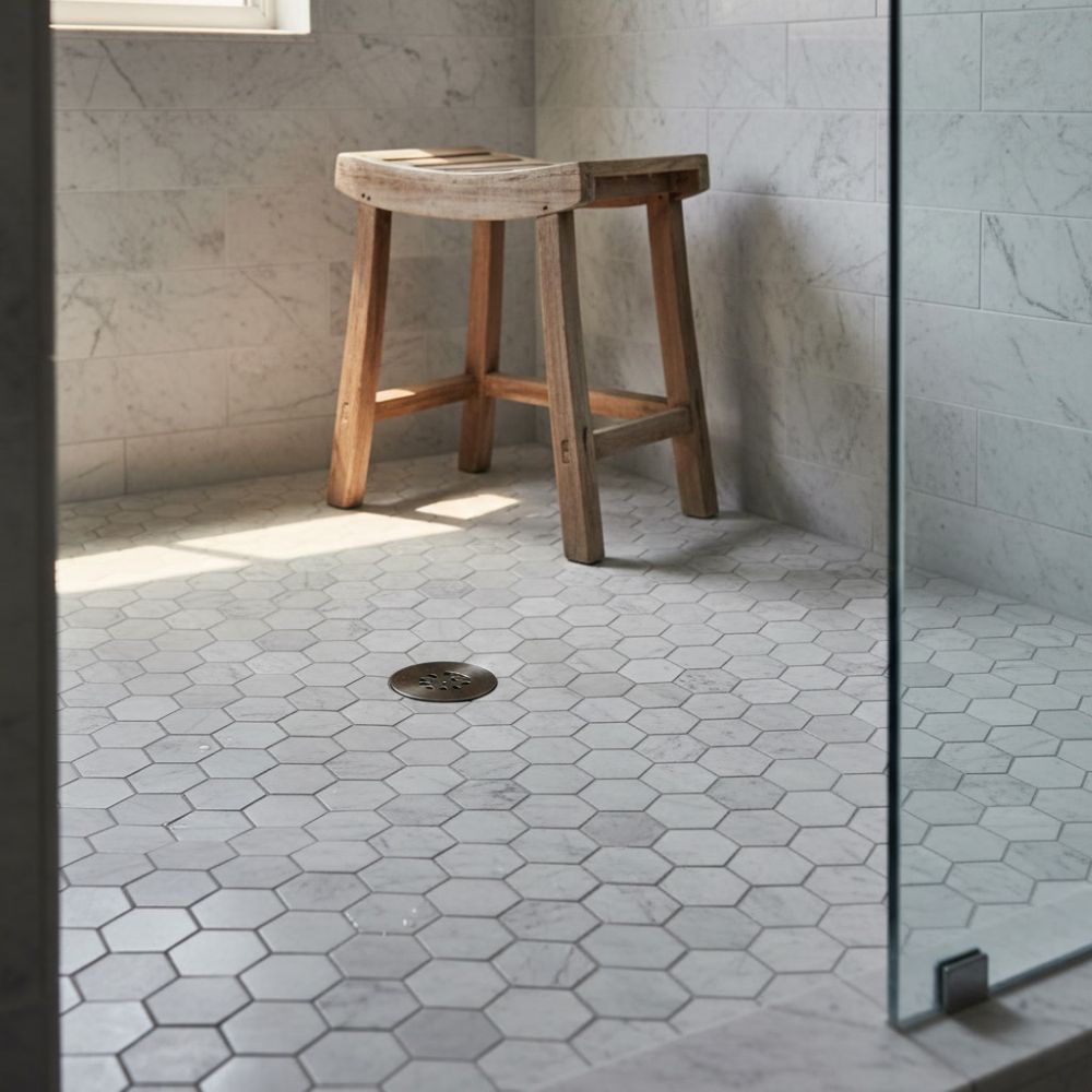 Gray honed marble hexagon mosaic tile in a Pompano Beach condo