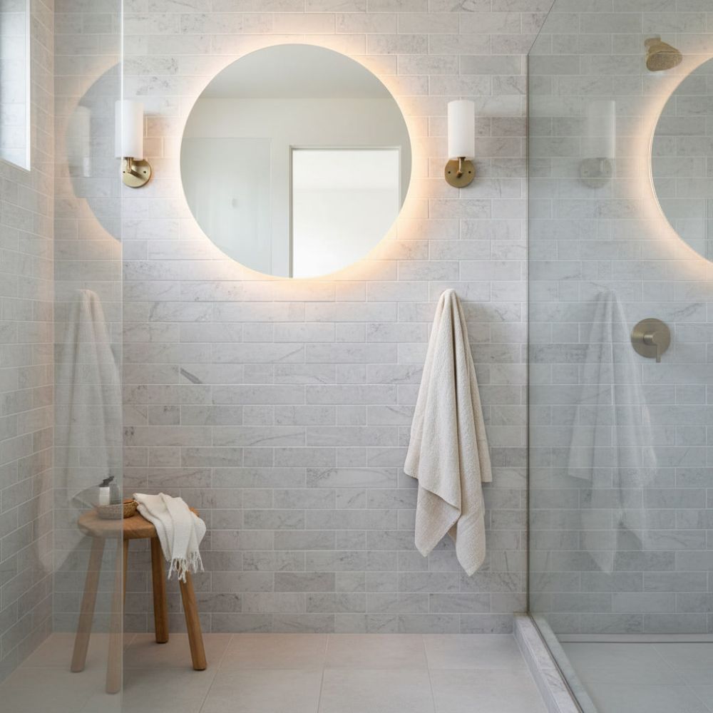 Bathroom tile in soft gray honed marble subway on the walls in Pompano Beach