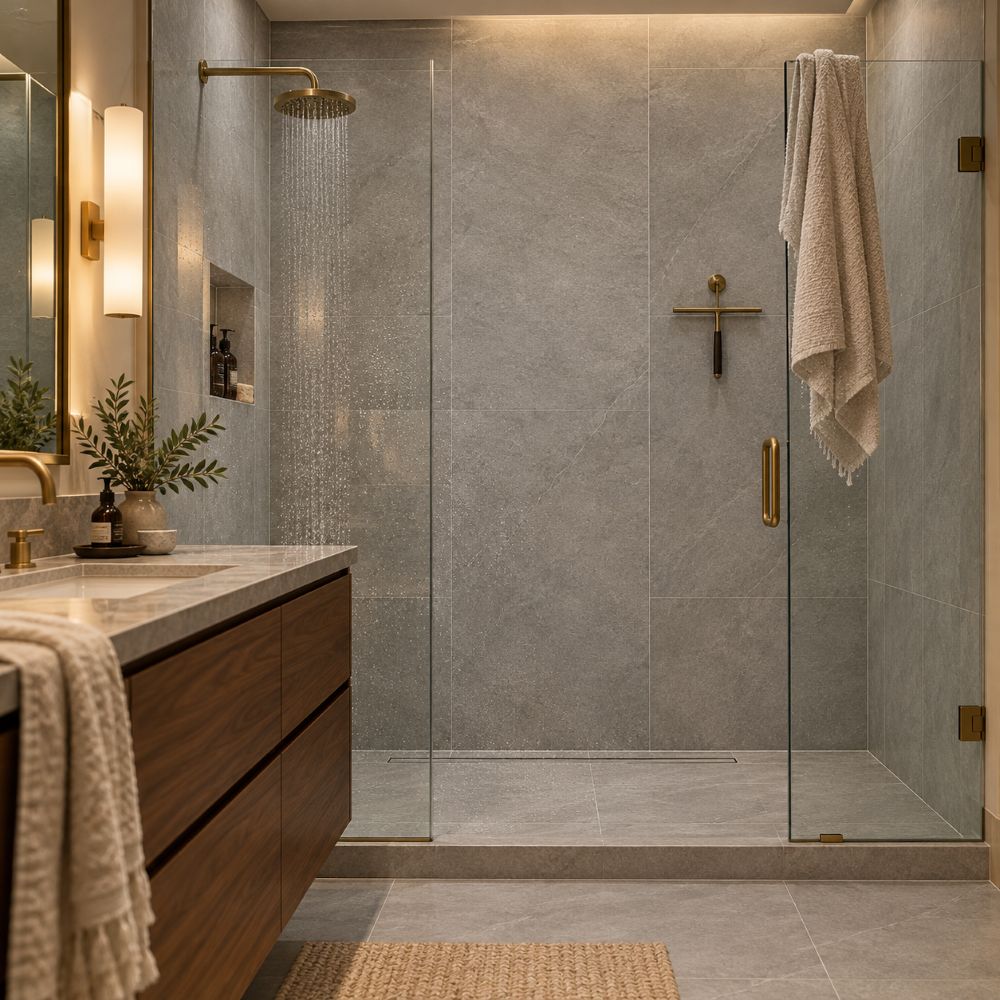 Miami condo shower with large format gray porcelain walls.