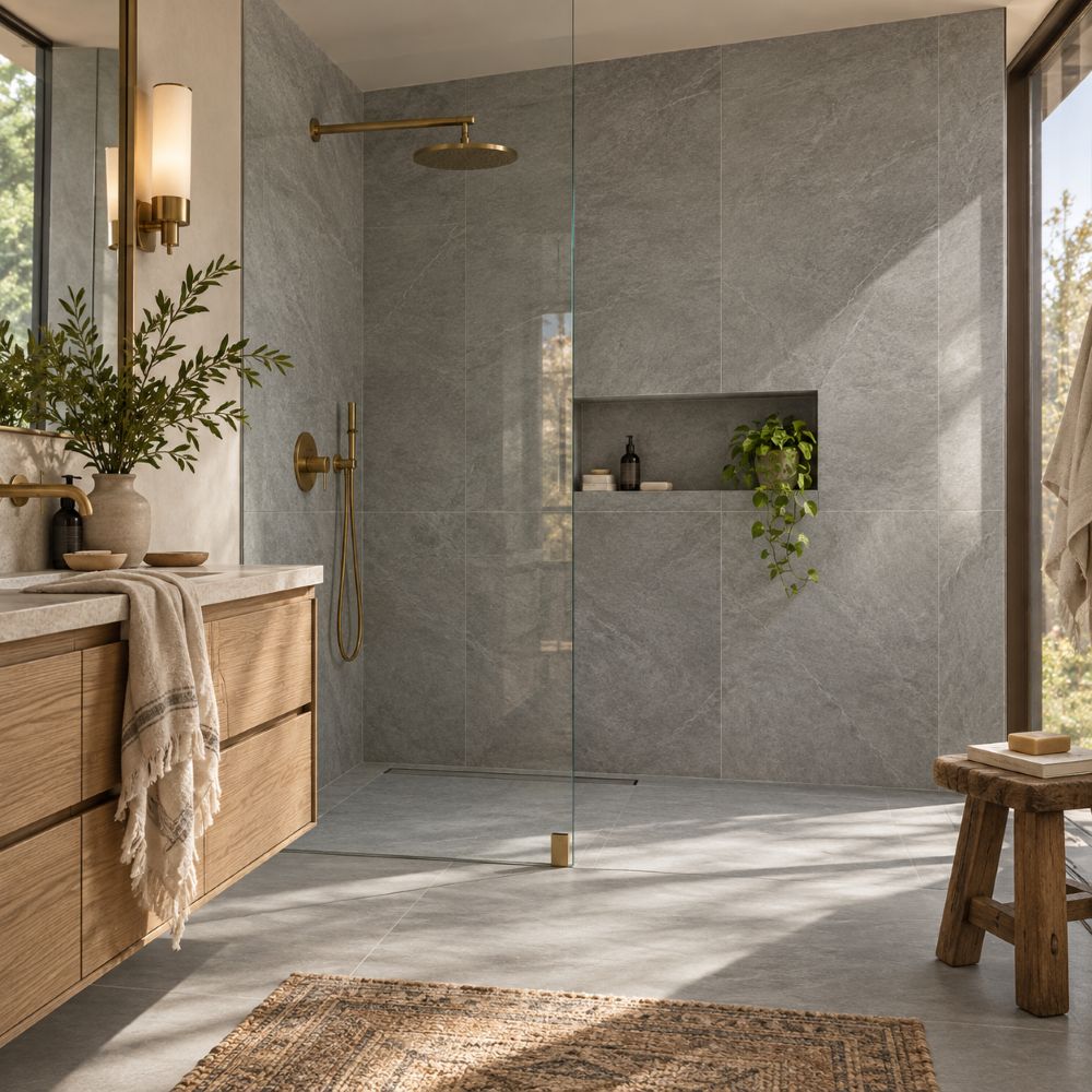 Gray porcelain shower tile in Anaheim.