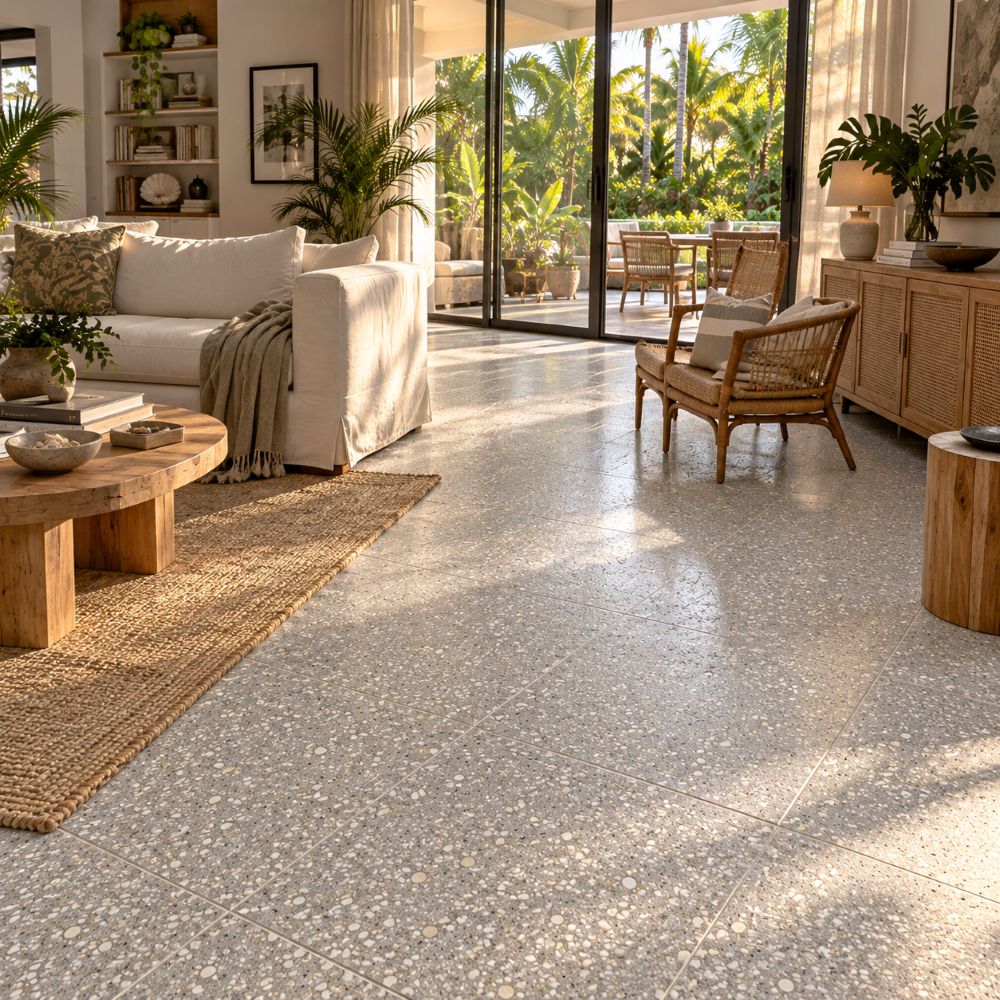 South Florida family room with a gray terrazzo floor.