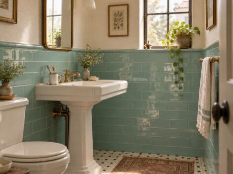 Green glossy 3x6 ceramic subway tile in bathroom in San Francisco.