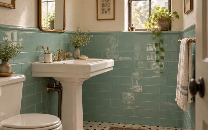 Green glossy 3x6 ceramic subway tile in bathroom in San Francisco.