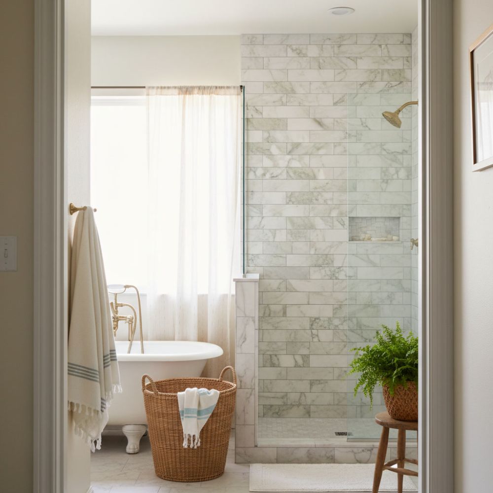 Green marble subway tile behind a shower in Pompano Beach